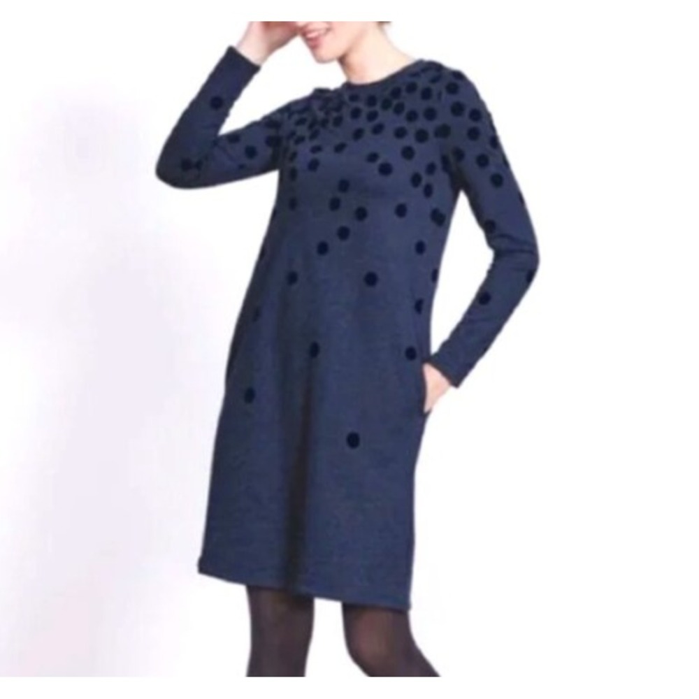 Boden Womens Navy Blue Flocked Polka Dot Cotton Shift Dress Long Sleeve Pockets